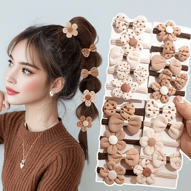 TEMU 20pcs Flower Hair Tie Set- Suitable For Women, Elastic Headbands No Sewing And Feature Heart, Bow, And Flower Designs. In Multiple Colors For