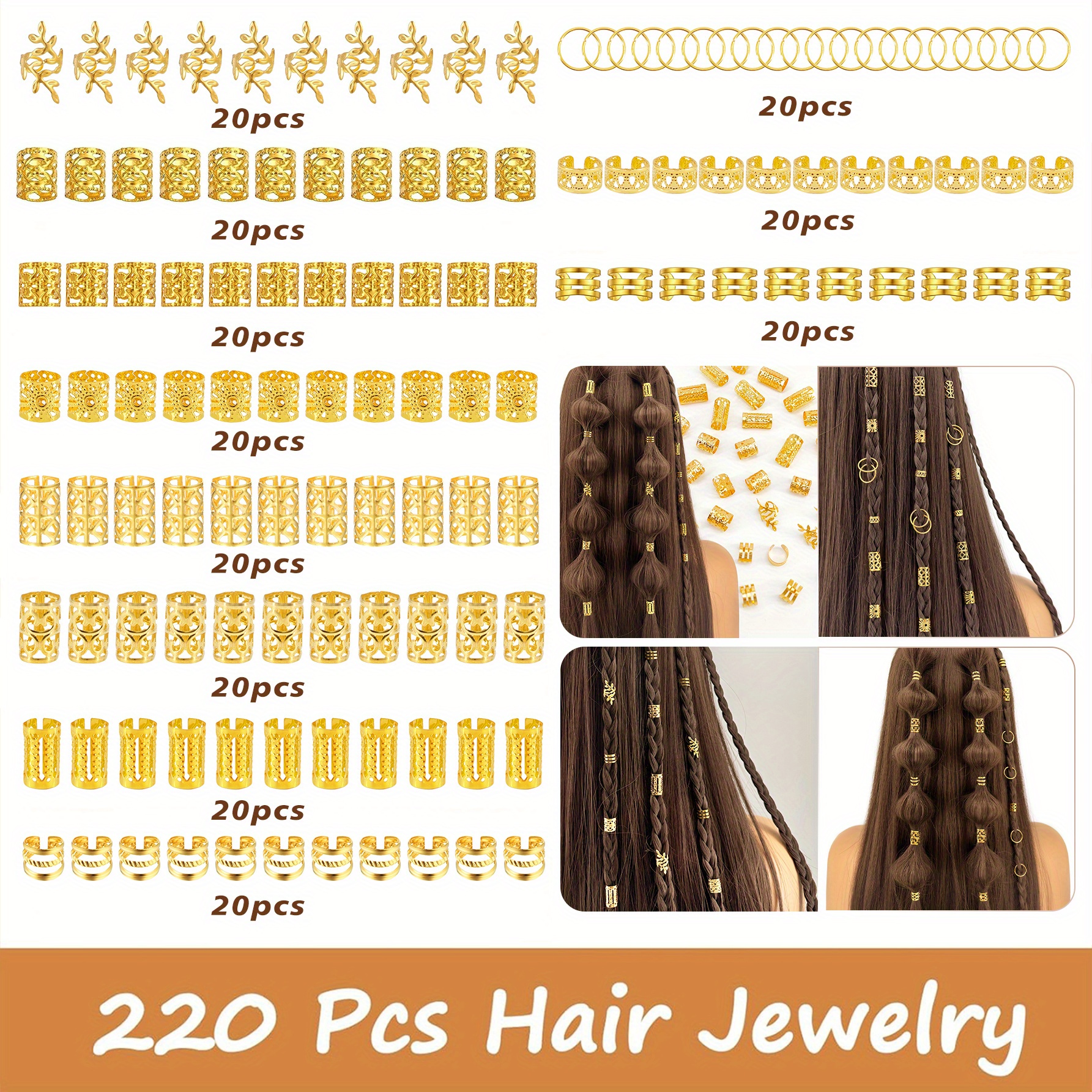 Image of Set Of 220 Metal Hair Braiding Rings And Cuffs - Hollow-out Dreadlock Beads In Hip-hop Punk Style For Women And, Braid Jewelry Additions, Solid Color Hair Clips For Fashionable Updos And Braids