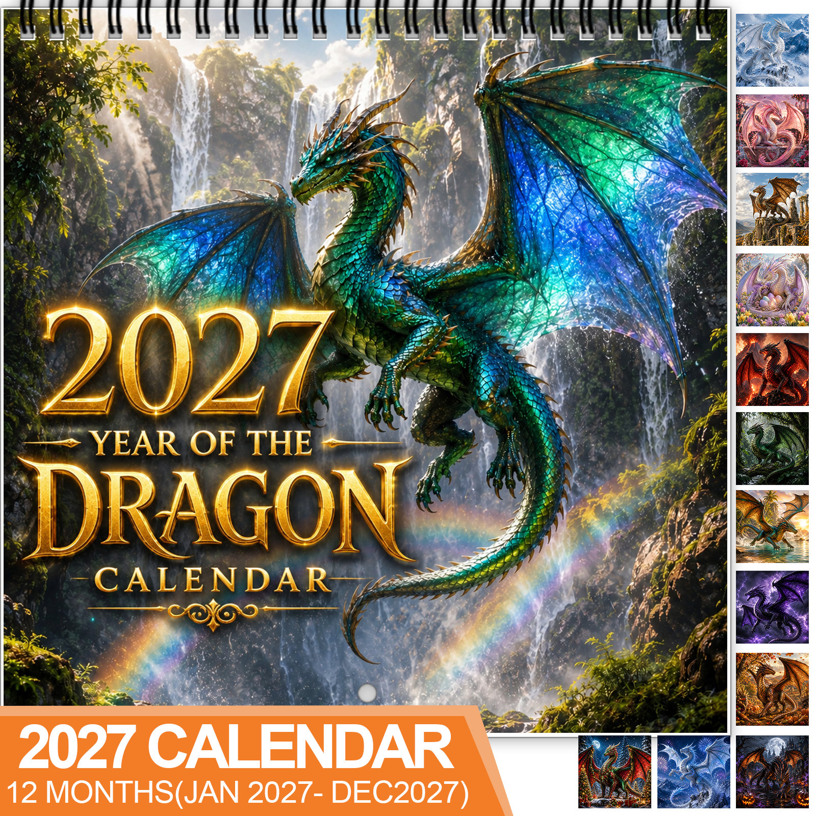 TEMU 1pc 2027 Dragon Wall Calendar & Monthly Planner - Spiral-bound Thick Glossy Paper Suitable For Home Office Decor, 12-month Planner With Dragons,