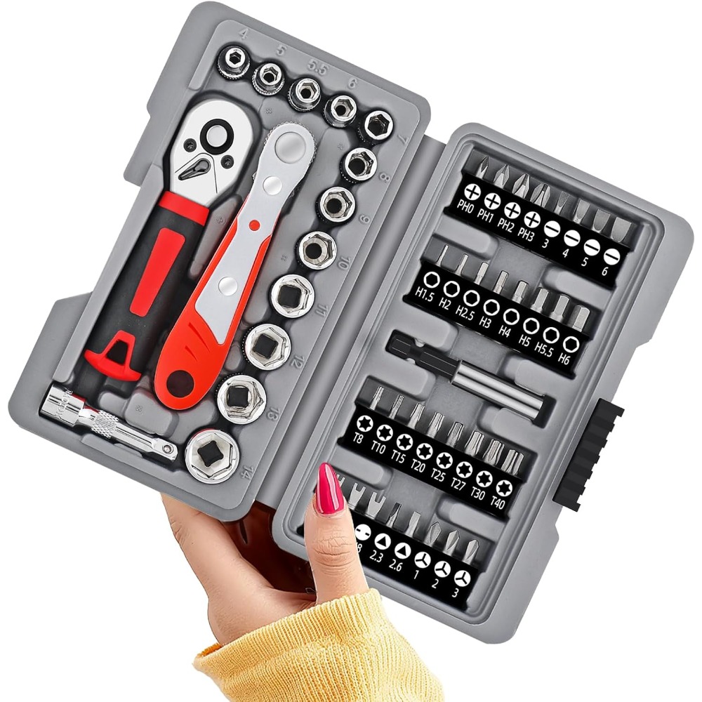 Image of 48pcs 1/4' Mini Ratchet Socket And Bit Set, 72-tooth Socket Wrench, Right-angle Ratcheting Screwdriver, Magnetic Extension Bar And Holder, Tool Box For Tight Spaces, Automotive And Motorcycle