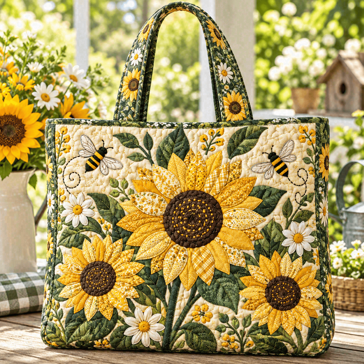 TEMU Quilted Tote Bag For Women, Sunflower Daisy Botanical Print, Bright Style, Large Capacity Fabric Tote Bag, Shopping Bag, Travel Tote Bag, Beach