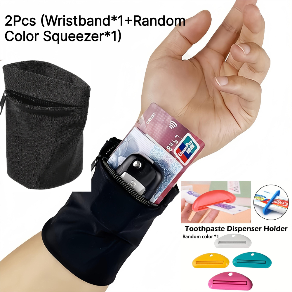 TEMU 2pcs (wristband*1+random Color Plastic Toothpaste Tube Squeezer*1), Wrist Wallets For - Wristband & Ankle Strap With Zipper Pocket Wristband