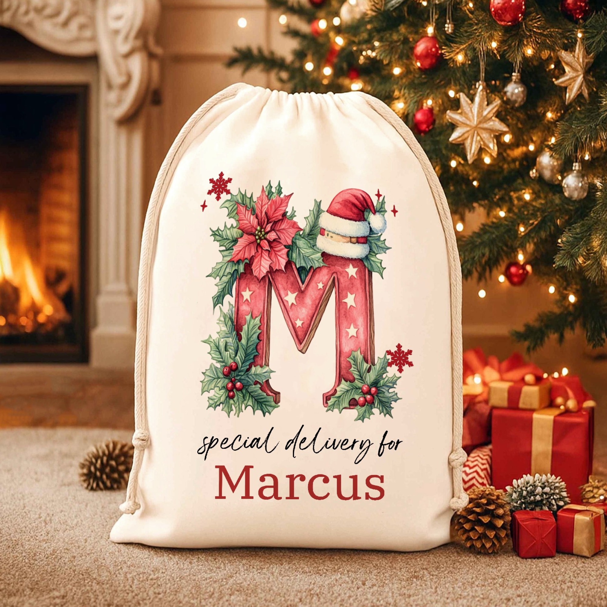TEMU Gift For Her/him Custom Name , Personalized Party Drawstring Bag, Christmas Eve Santa Claus Gift Bag, Name Initials Pattern, Elegant Packaging