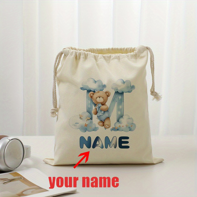 TEMU 1pc Personalized Cloud Bear & Alphabet Print Travel Pouch - Custom Name Drawstring Storage Organizer For Hair Dryer, Jewelry, Accessories -