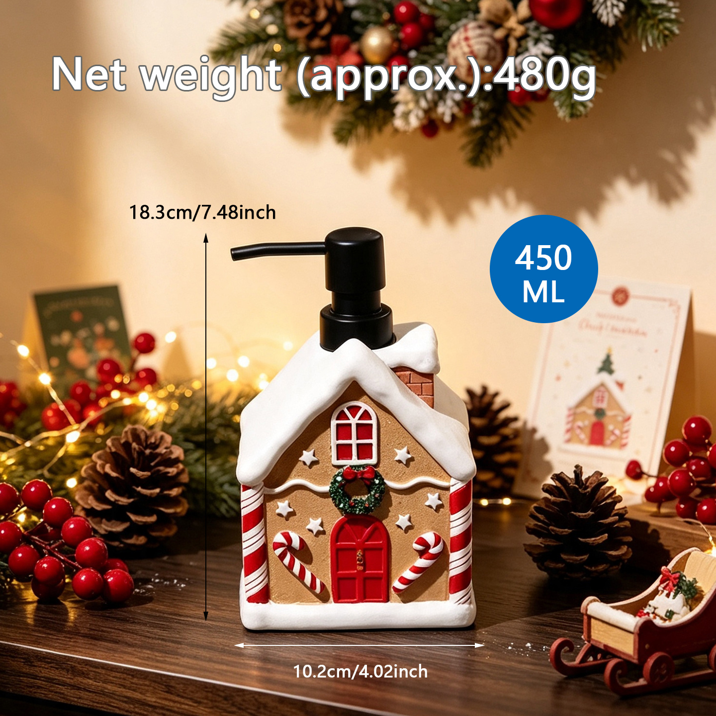 TEMU Dispensador de jabón navideño, botella líquida de casa de jengibre con decoración de Para Caminar de caramelo y corona, adorno de Navidad para