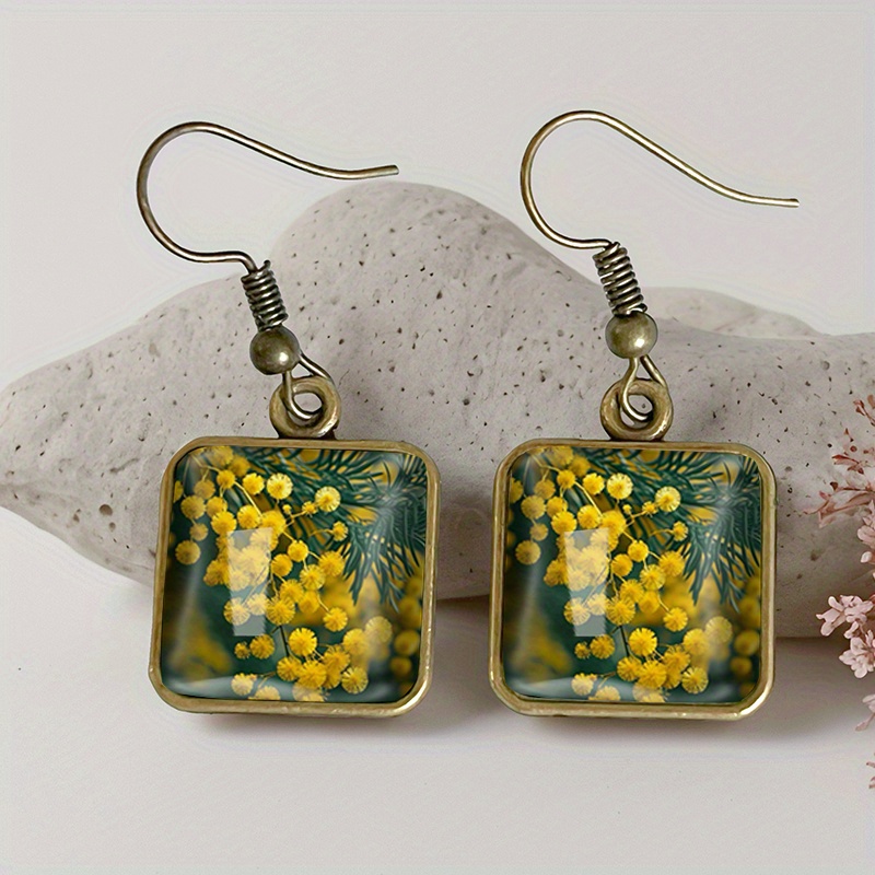 TEMU 1 Pair Mimosa Square Earrings Retro Glass Dangle Earrings Handmade Jewelry Gift