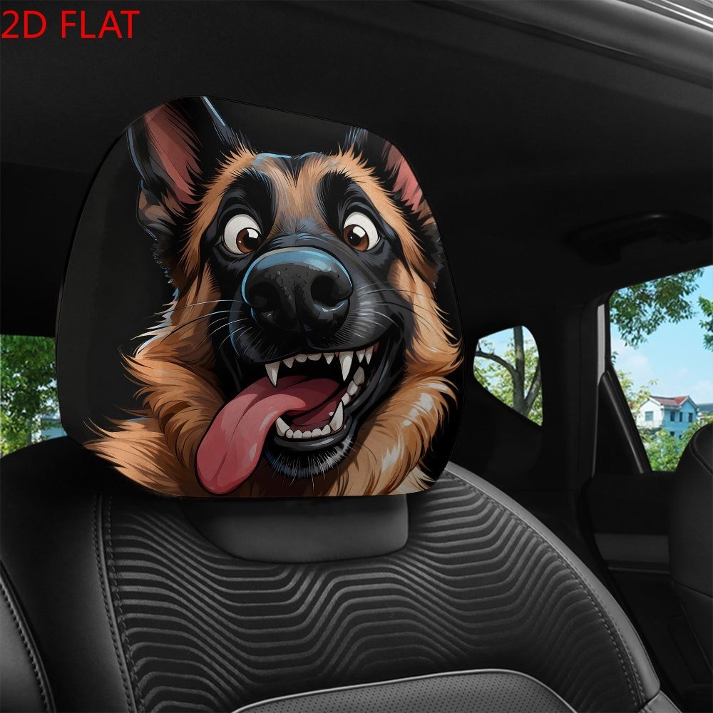 TEMU 2pcs 2d Flat Cartoon German Shepherd Big Dog Printed Car Headrest Cover, Personalized Car Interior Decoration, Machine Washable, Suitable For