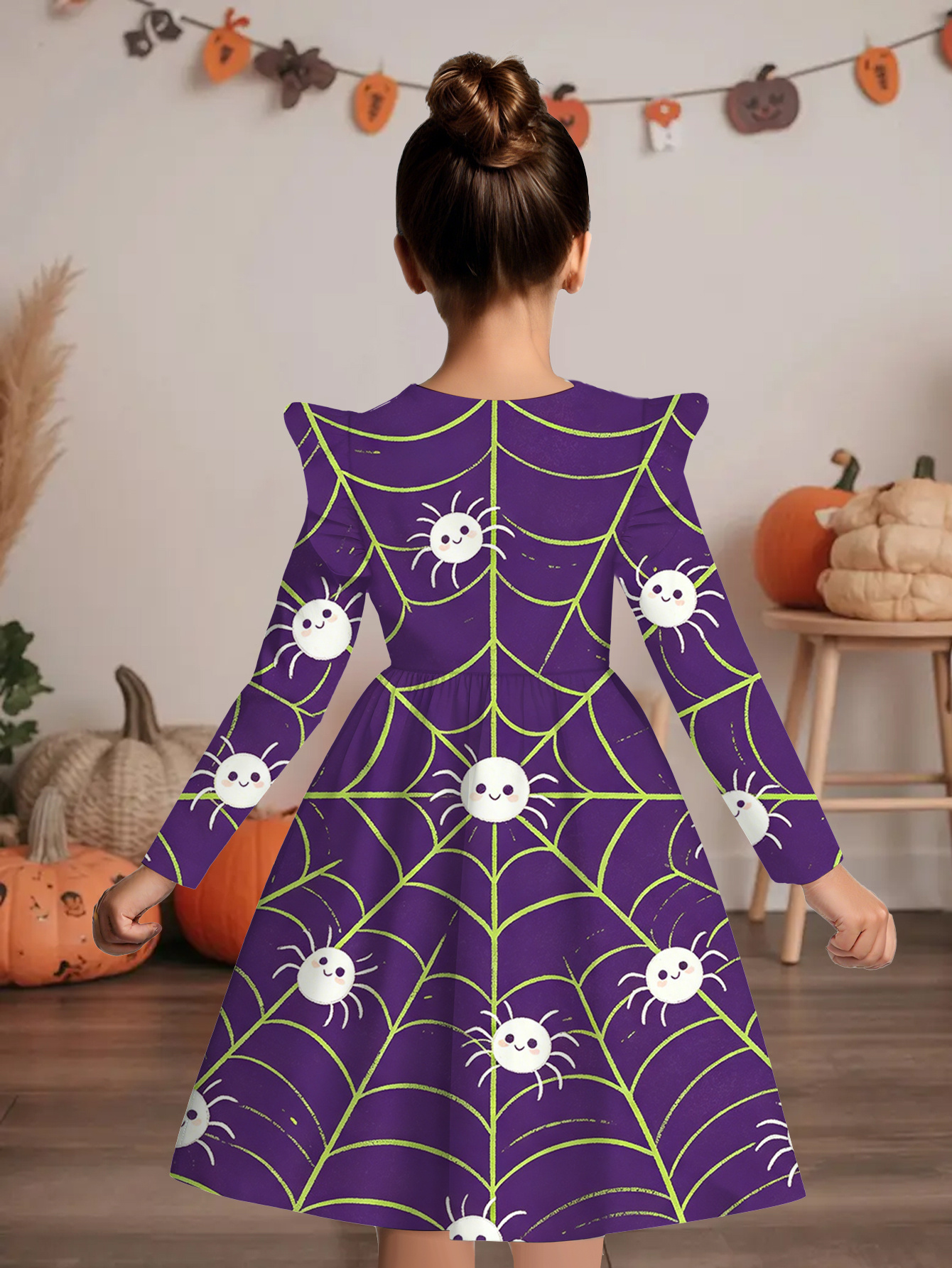 printed design not textured 2d printing halloween     full print fashion trend girls spring autumn style flutter sleeve long sleeve dress purple spiderweb with white flowers cute sweet novelty beautiful holiday gift