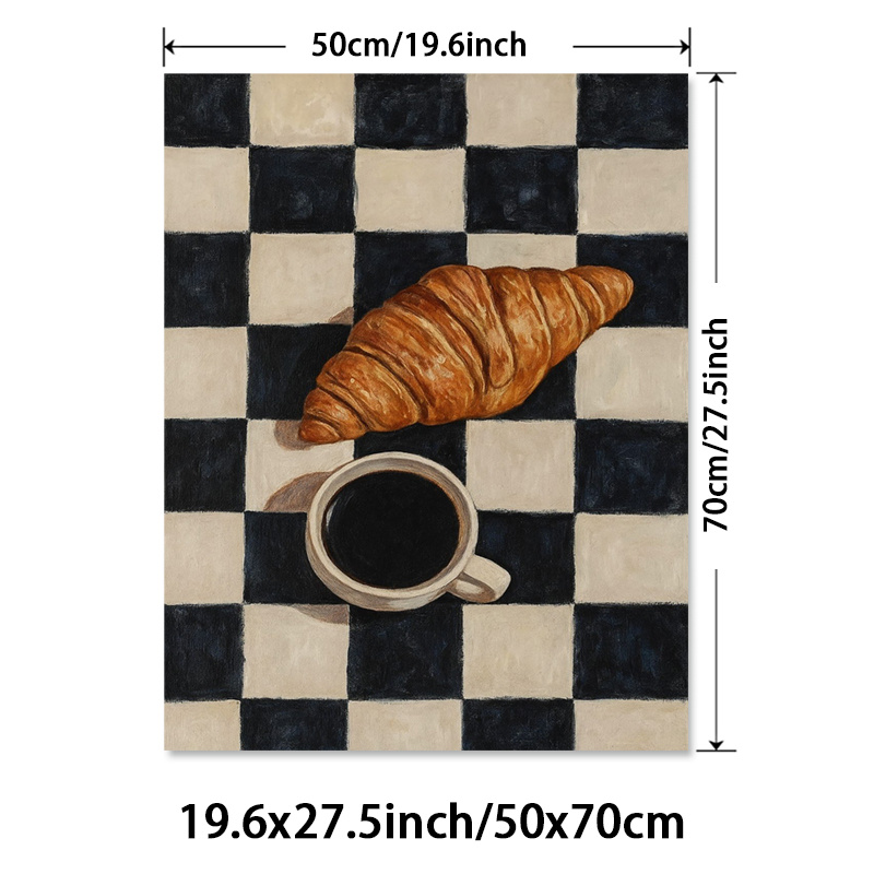 E-shop 2D Flach, 2D Flach, ein ungerahmtes Poster mit Frühstücksmotiven, einschließlich Croissant und Kaffee, entworfen als Leinwanddruck zur