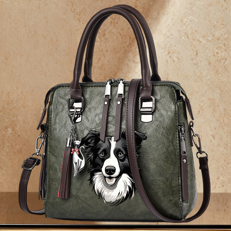 TEMU 1pc Women's Shoulder Bag, Handbag, Crossbody Bag, Fashion Daily Portable Bag With Black And White Border Collie Dog Print For Daily Use Shopping