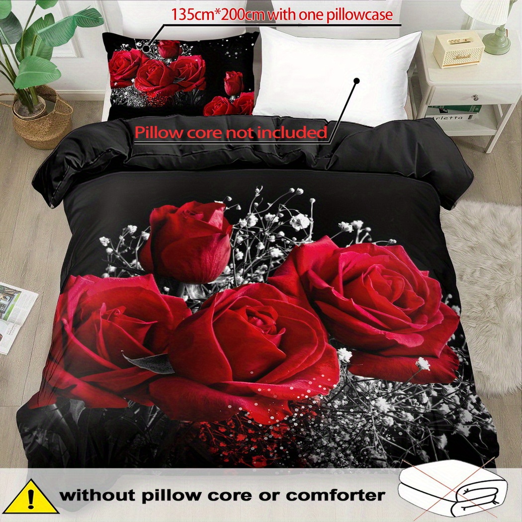 TEMU Floral Theme Down Comforter Set - 2/3pcs, Soft Comfortable Breathable, Rose Pattern Printed Bedding, Red Rose Printed Duvet Cover Set,