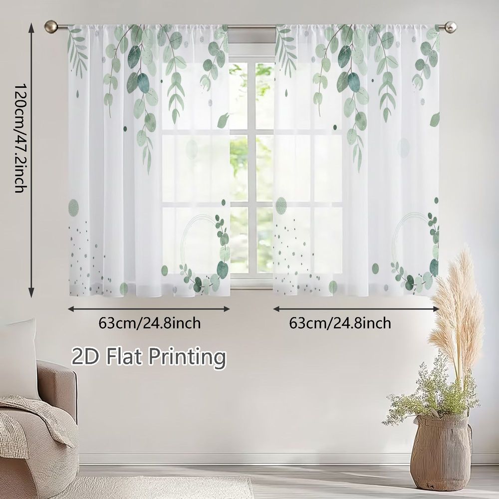 TEMU Plat 2D, 2 pièces Rideaux Voilages Printemps Été, Imprimé Délicat de Feuilles d'Eucalyptus sur Tissu Voilage Blanc Aéré, Parfaits pour Salons,