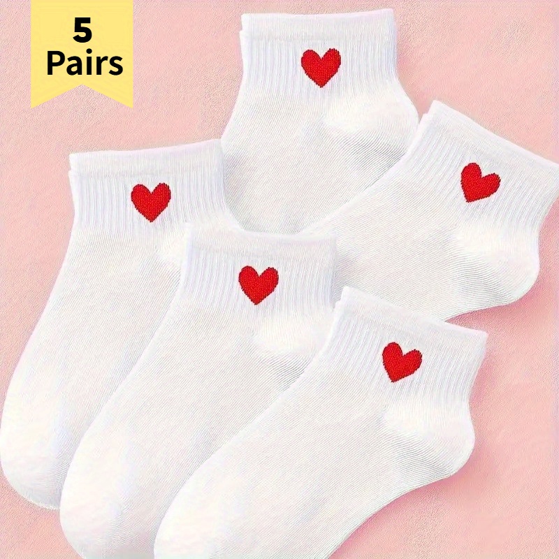 TEMU 5 Pairs Women' Heart-decorated Ankle Socks - Breathable Moisture-wicking Socks For Daily Commuting, Outdoor Sports & Casual Wear, Fit Elegant