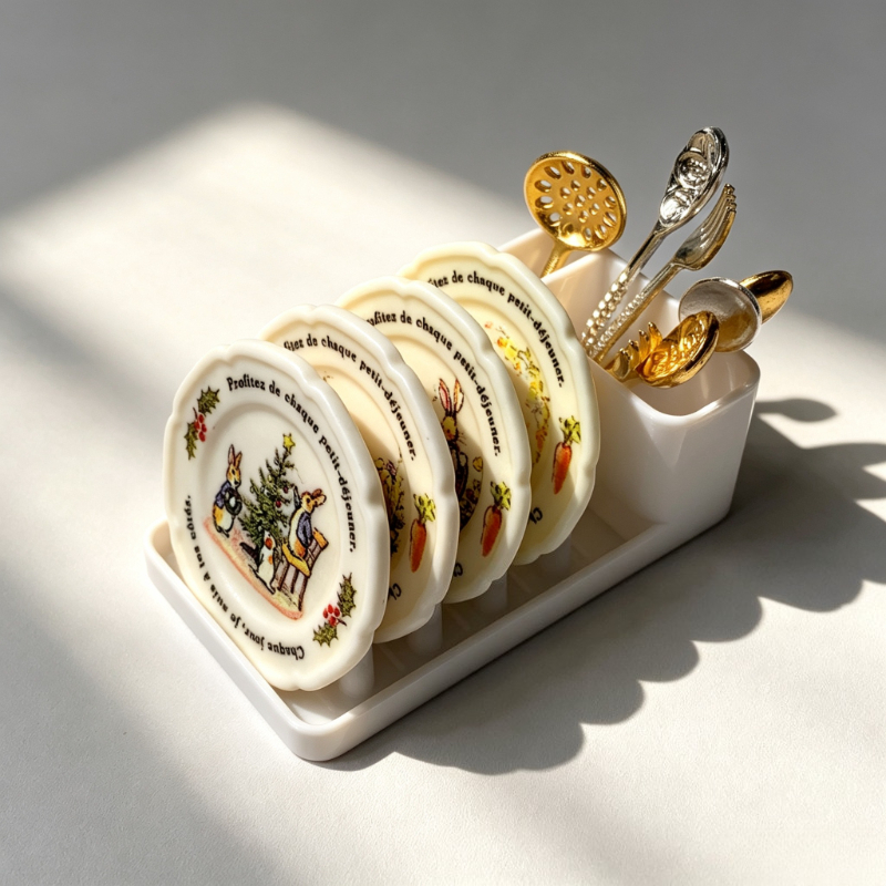 TEMU 12pcs Dollhouse Simulation Plate Stand Set, Includes 4 Plates, 4 Spoons, 2 Forks, 1 Slotted Spoon, 1 Stand. Collectible Decoration. Suitable For