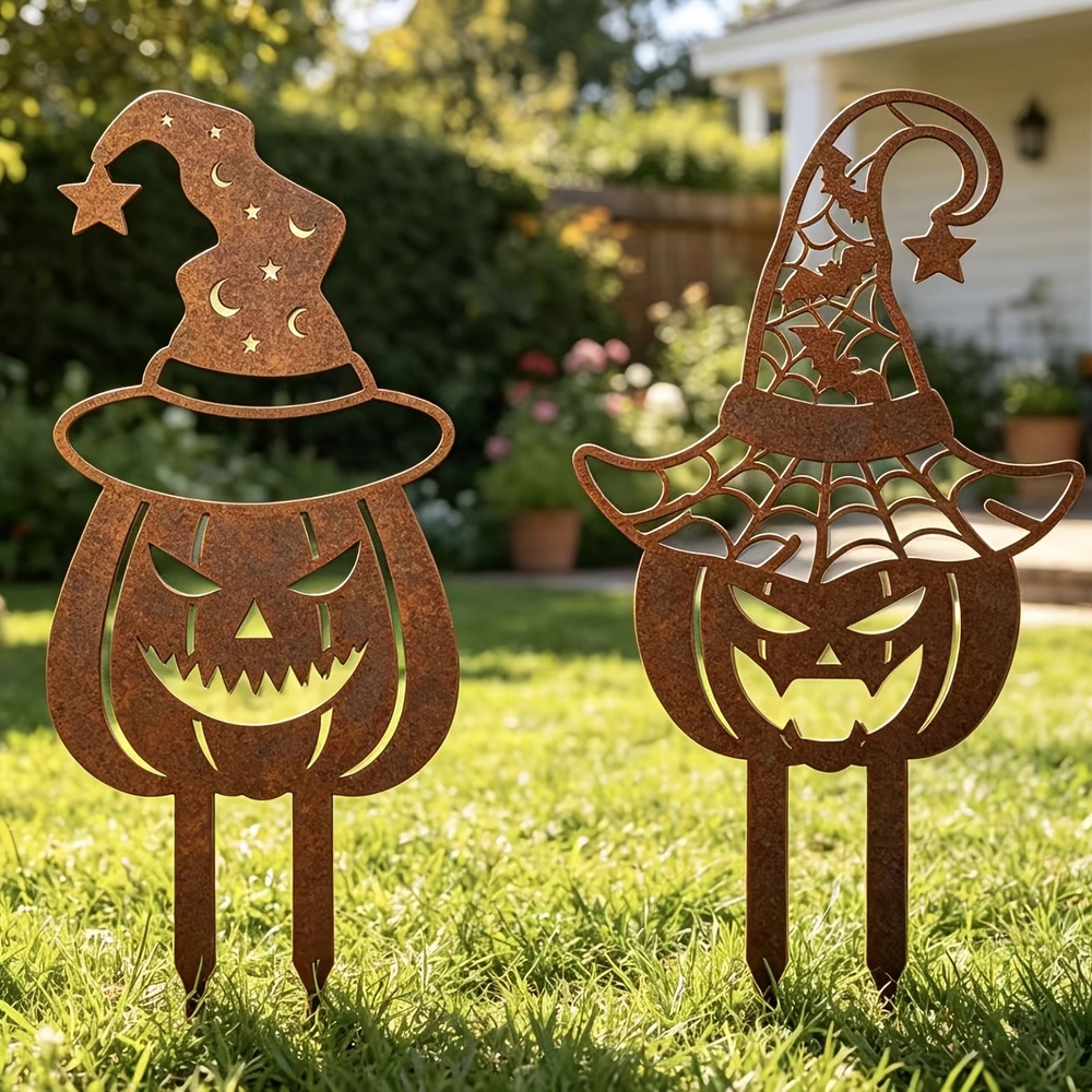TEMU [Plat 2D] Lot de 2 piquets de jardin vintage couleur rouille de citrouille et de chapeau de sorcière, silhouette , décoration d'Halloween pour