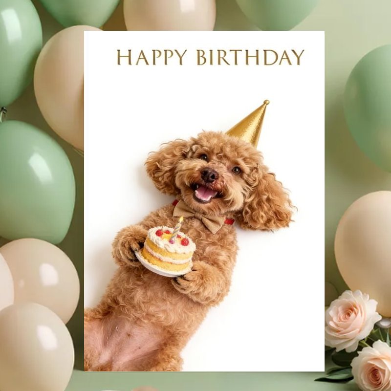 TEMU 1pc Cute Curly Dog Birthday Card, Suitable For Any Occasion With Envelope - Adorable Puppy Greeting Card Featuring Mini Cake And Bow Tie Hat