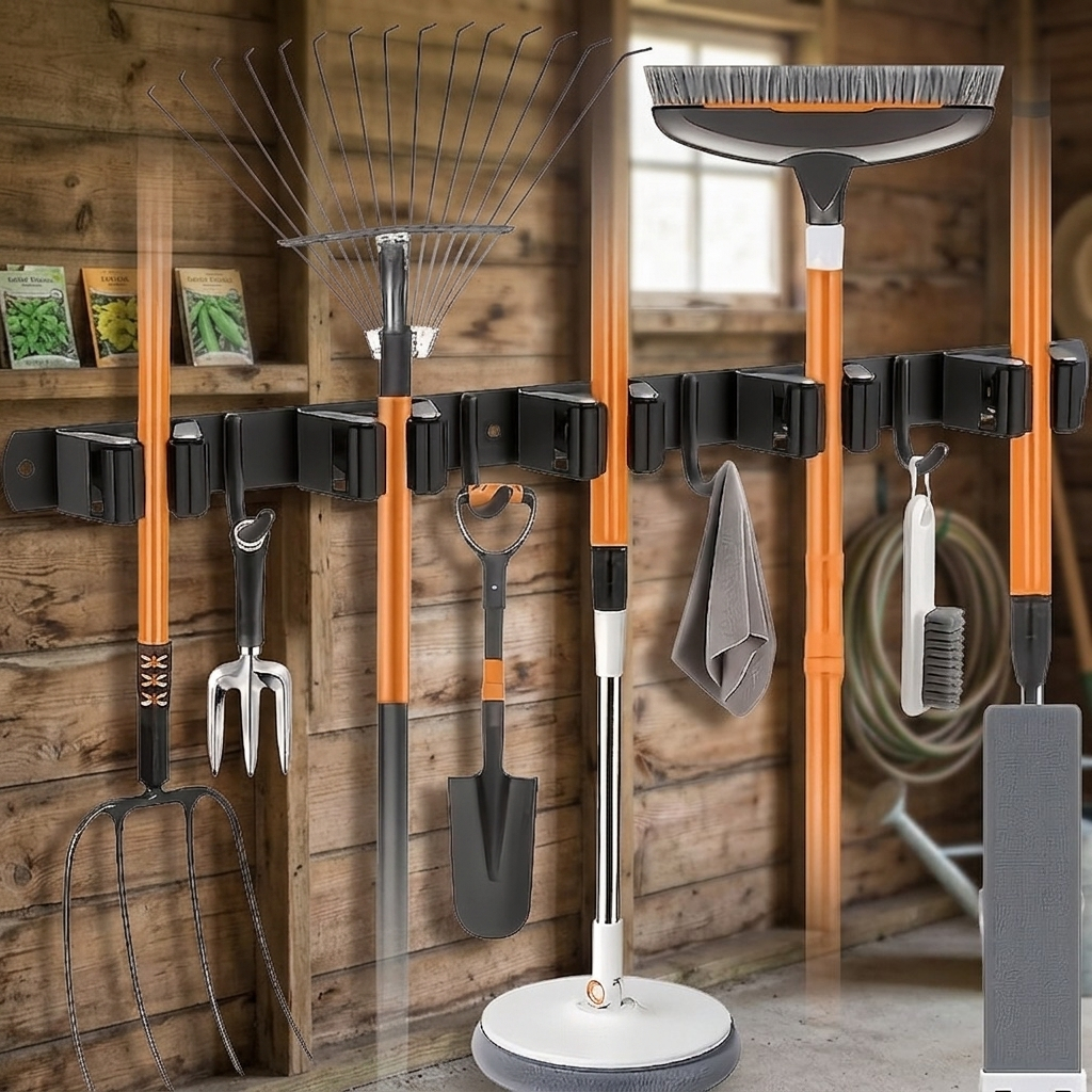 TEMU Étagère de Rangement Murale Multifonctionnelle Épaissie en Acier Inoxydable, Équipée de 5 Étagères de Rangement et de 4 Crochets Suspendus,