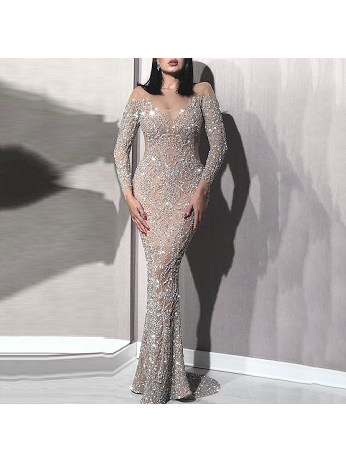 Women's Strapless Slim Fit Bodycon Evening Dress with Sheer Mesh Panels & High Slit - Sequin Embellished Mermaid Gown for Weddings, Parties, Galas - Spring/Summer Formal Attire, Party Chic | Formfitting Silhouette