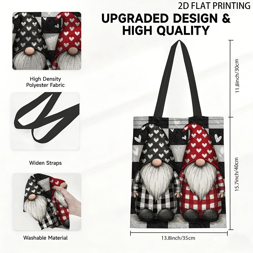 TEMU (2d Flat) 1pc Valentine's Day Gnomes Tote Bag Reusable Grocery Bags, Large Capacity Cute Printed Design, Perfect For Daily And Shopping, Ideal