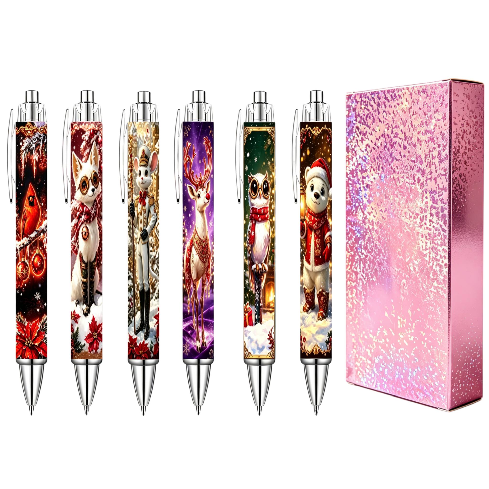 TEMU 6pcs Christmas Cartoon Animal Retractable Gel Pens With Exquisite Pen Case, High Definition Prints Of Elk, Fox, Bear, Owl & Rabbit. Smooth