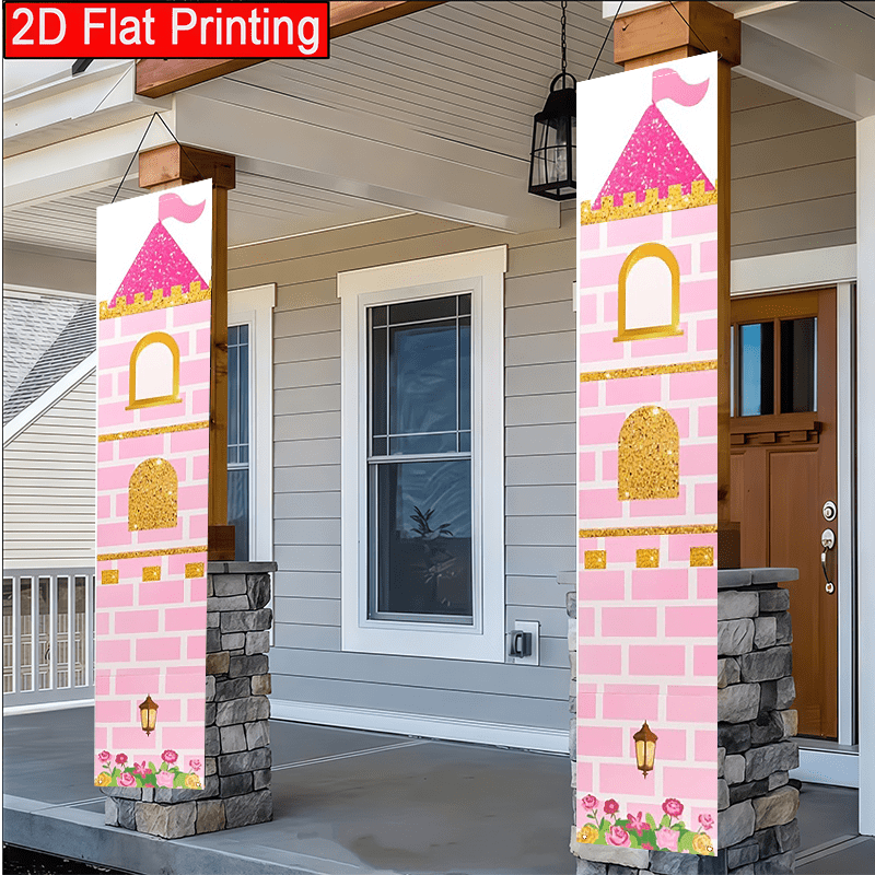 TEMU 2d Flat, 2d Flat 2pcs Pink Castle Party Porch Banner Castle Flower Theme Decoration Design Flag Outdoor Courtyard Lawn Decoration 12x70.8 Inches