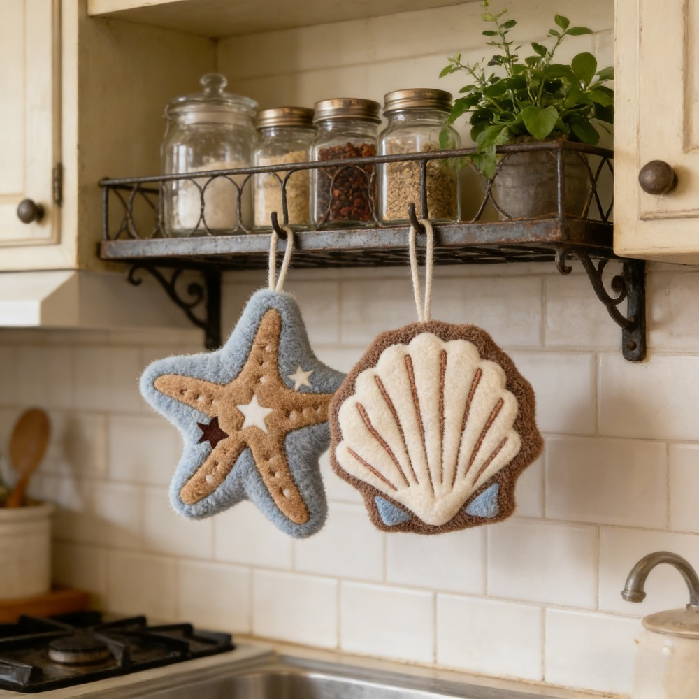 TEMU 2pcs Set Of Cute Ocean-themed Hanging Towels, Starfish And Seashell Shaped Soft Absorbent Plush Towels, With Hanging Loops, Bathroom And Kitchen