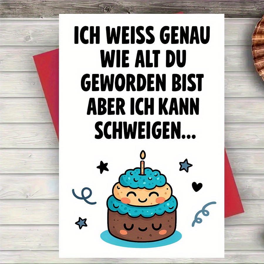 E-shop Eine Geburtstagskuchen-Grußkarte mit einer wohltuenden und humorvollen Botschaft, ideal für festliche Anlässe, mit einem bezaubernden Design für