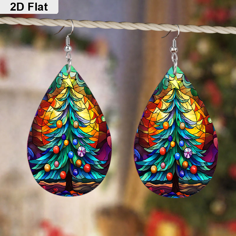 Teardrop-Shaped Dangle Earrings with Christmas Tree Design