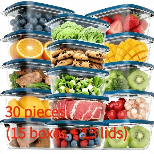 30pcs 15pcs box 15pcs lid food storage containers food containers reusable kitchen cleaning suitable for meat fruits vegetables microwave and dishwasher safe