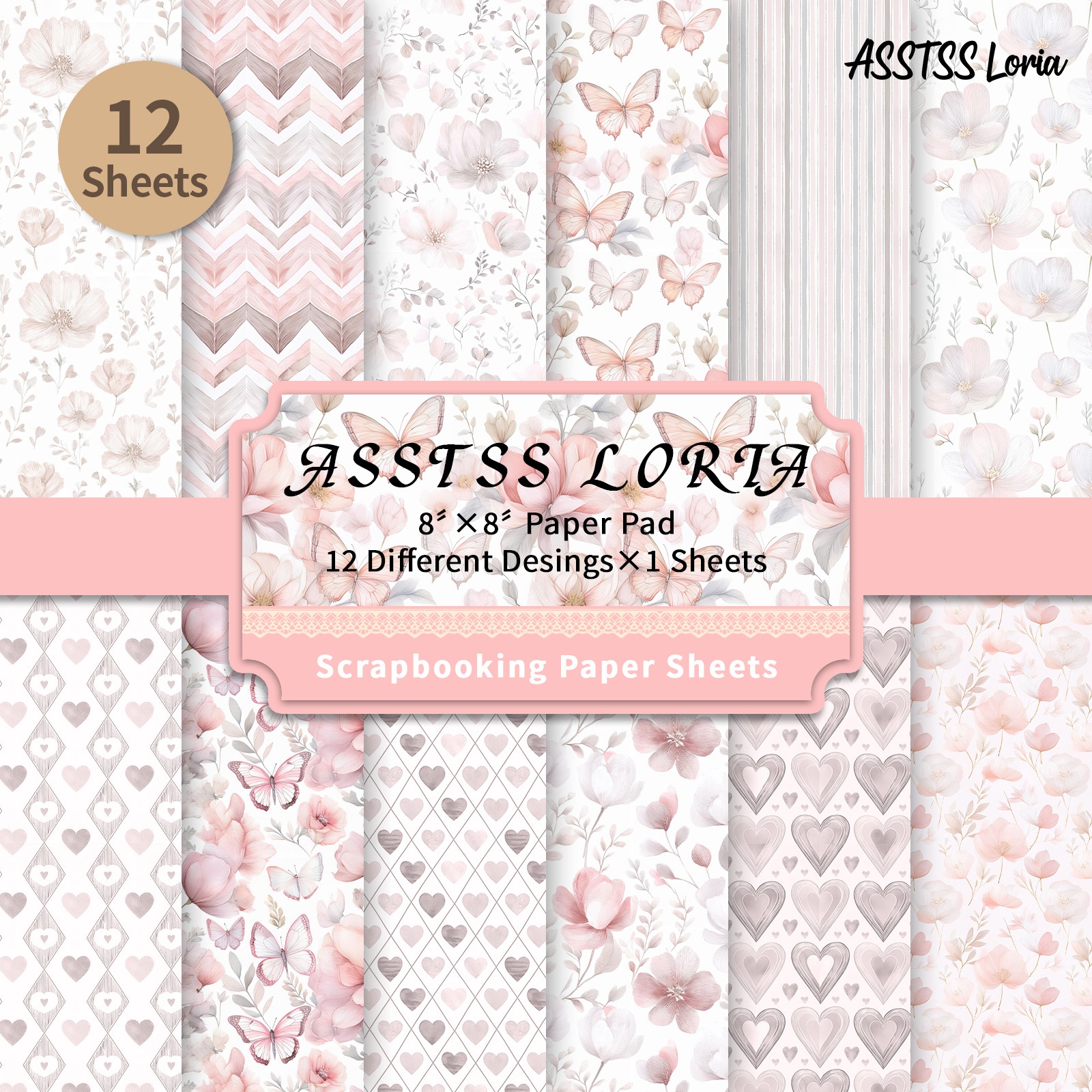 TEMU 12-sheet Asstss Loria 8 X 8 Inches Scrapbooking Paper Pad, Sweet Pink Backing Paper Supplies, Heavyweight Cardstock For Journaling, Collage Art,