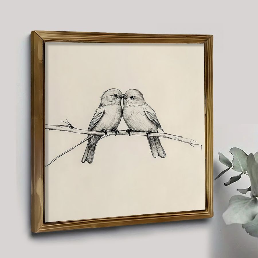TEMU 2d Flat, 1pc Wood Framed Couple Birds Kissing On Branch Realistic Sketch Wall Art - Vintage Rustic Farmhouse Style Hand-painted Look 8x8 Inch