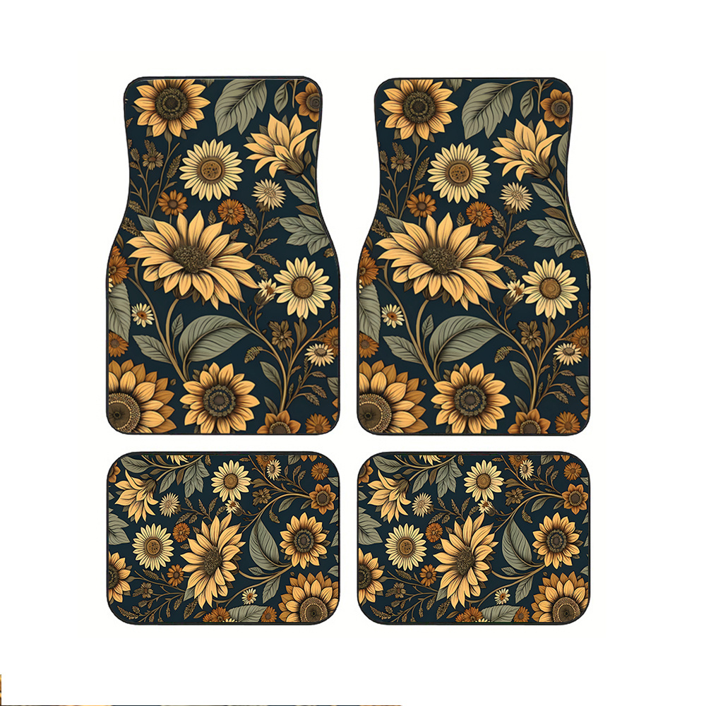 TEMU 4pcs Black Car Floor Mats With Sunflower Floral Print, Full Coverage Car Mats, Xpe Non-slip And Wear-resistant Mats Suitable For Suv Interiors,