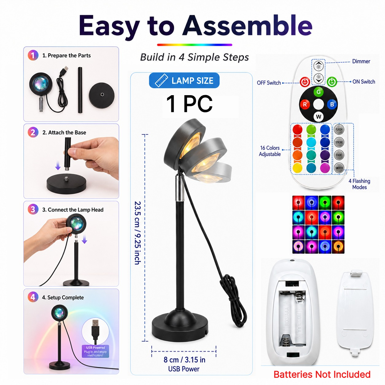 TEMU 1pc Lámpara Proyector RGB de con Alimentación USB, Luz Nocturna de 16 Colores de Color y Control Remoto, de 180° para Escritorio de Computadora,