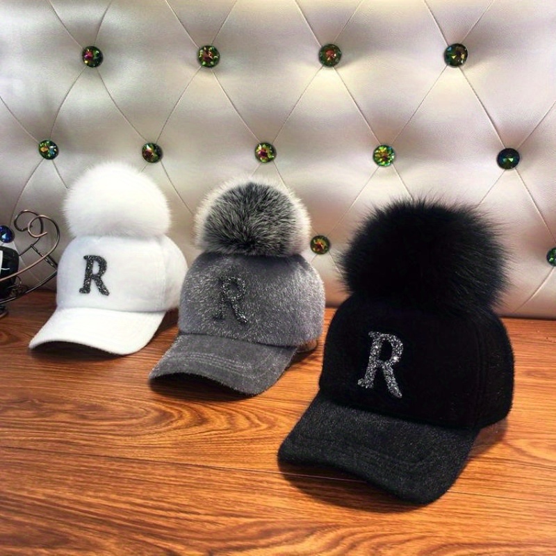 

Elegant Women's Adjustable Baseball Cap With Rhinestone "r" And Detachable Fur Pom-pom - Breathable Knit, Fall & Winter, In White, Gray, Black