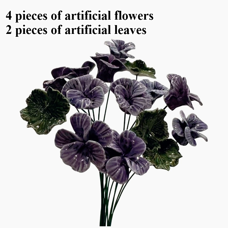 TEMU 6pcs Ceramic Flowers (including 4pcs Purple Pansies And 2pcs Faux Leaves), Ceramic Artificial Flowers, Never Fading, , Christmas Gift, Purple