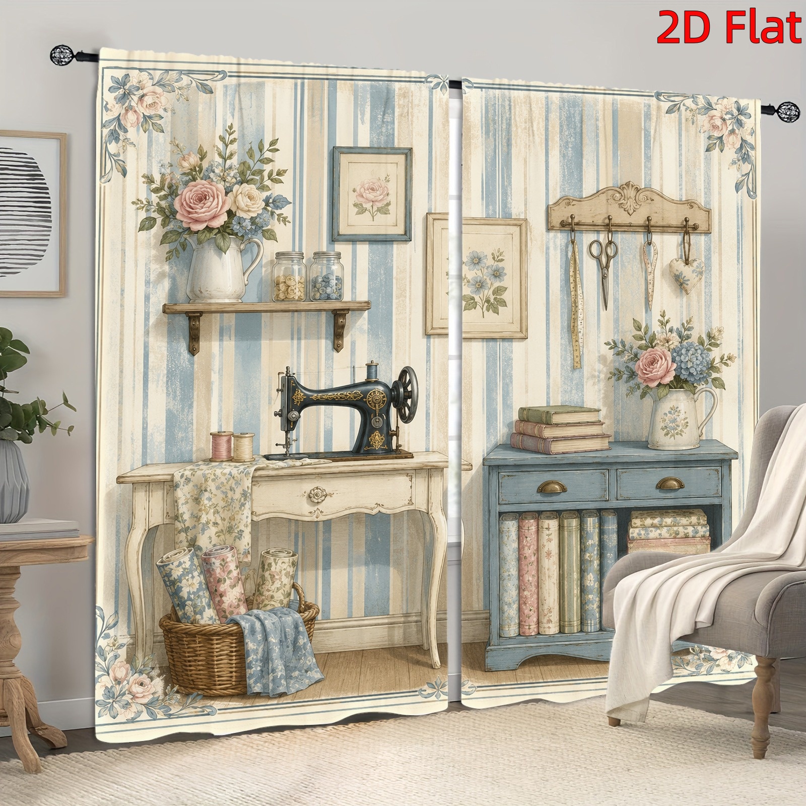 Image of 2d Flat - 2d Flat 2pcs Vintage Sewing Machine Pattern Light Filtering Curtains With Striped Background, Decor, Rod Pocket, Curtains For Living Room Bedroom Study Decoration