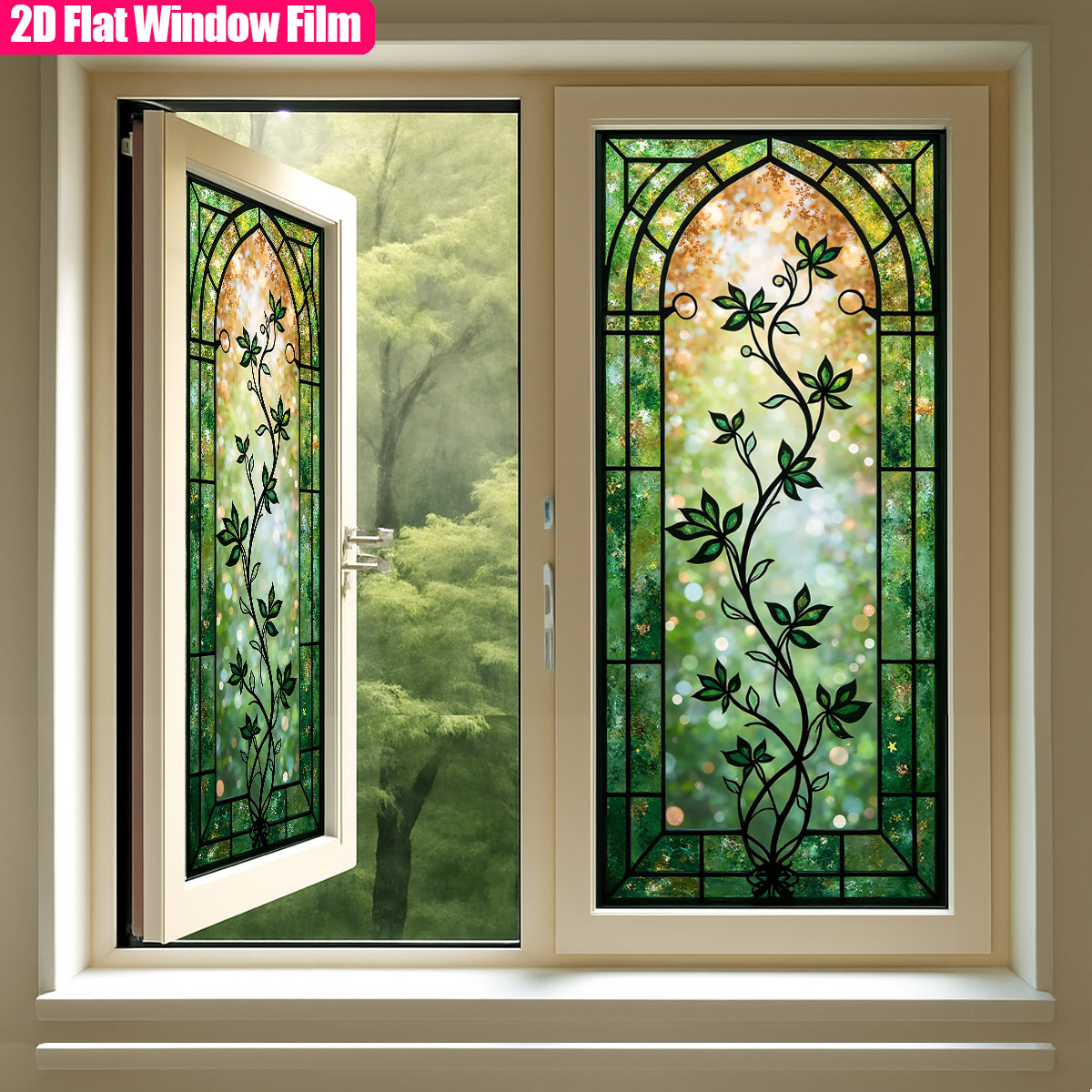 TEMU Autocollant de fenêtre électrostatique en PVC 2D plat et 2D mat avec motif de branche de et de feuille, film décalcomanie pour vitrail ,