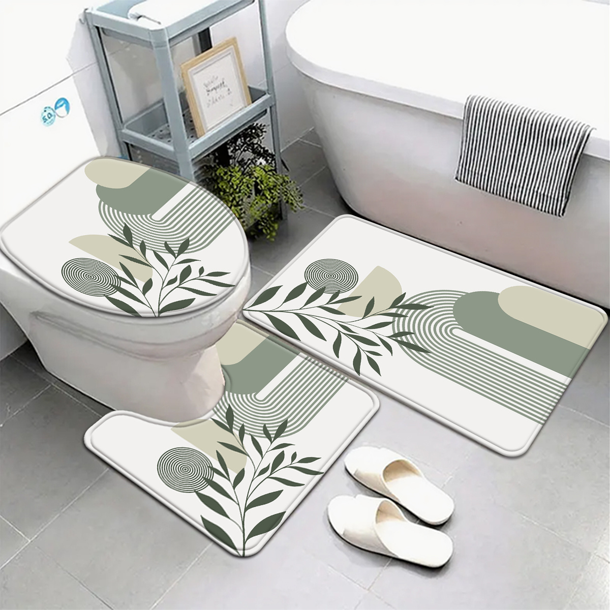 TEMU 3pcs Geometric Leaf Bathroom Mats Nordic Style Bath Mat Set Toilet Lid Pad And Carpet Bathroom Decor U-shaped Foot Pad