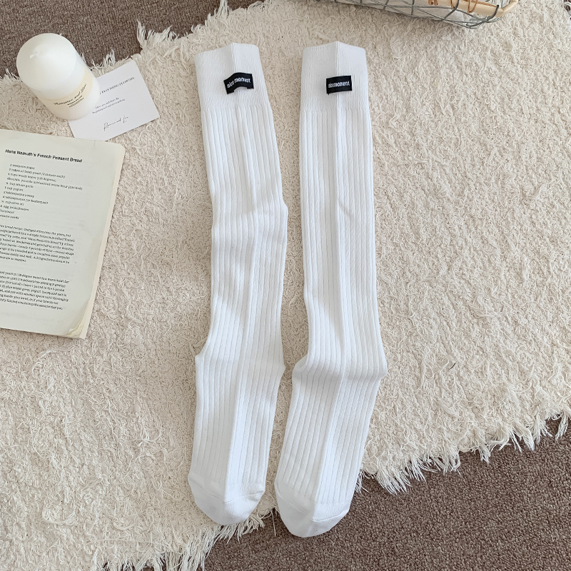 Image of 1 Pair Of Women's Knee-high Socks, Solid Color With Fabric Label, Fashionable Minimalist Ribbed Vertical Stripe, Japanese And Korean Style Mid-calf Socks, Daily Breathable