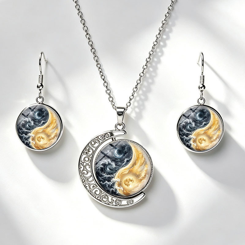 TEMU Set di gioielli unisex da 3 pezzi con collana e orecchini a forma di - yin yang, collane lunari e orecchini pendenti rotondi con cupola in vetro