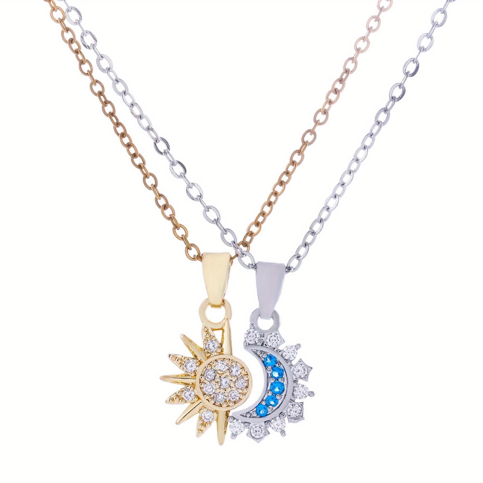 2pcs Sun And Moon Shining Pendant Necklace, Fashionable And Elegant Style, Synthetic Cubic Synthetic Zircon​ Decorated, Suitable For Daily Wear And Holiday Gifting