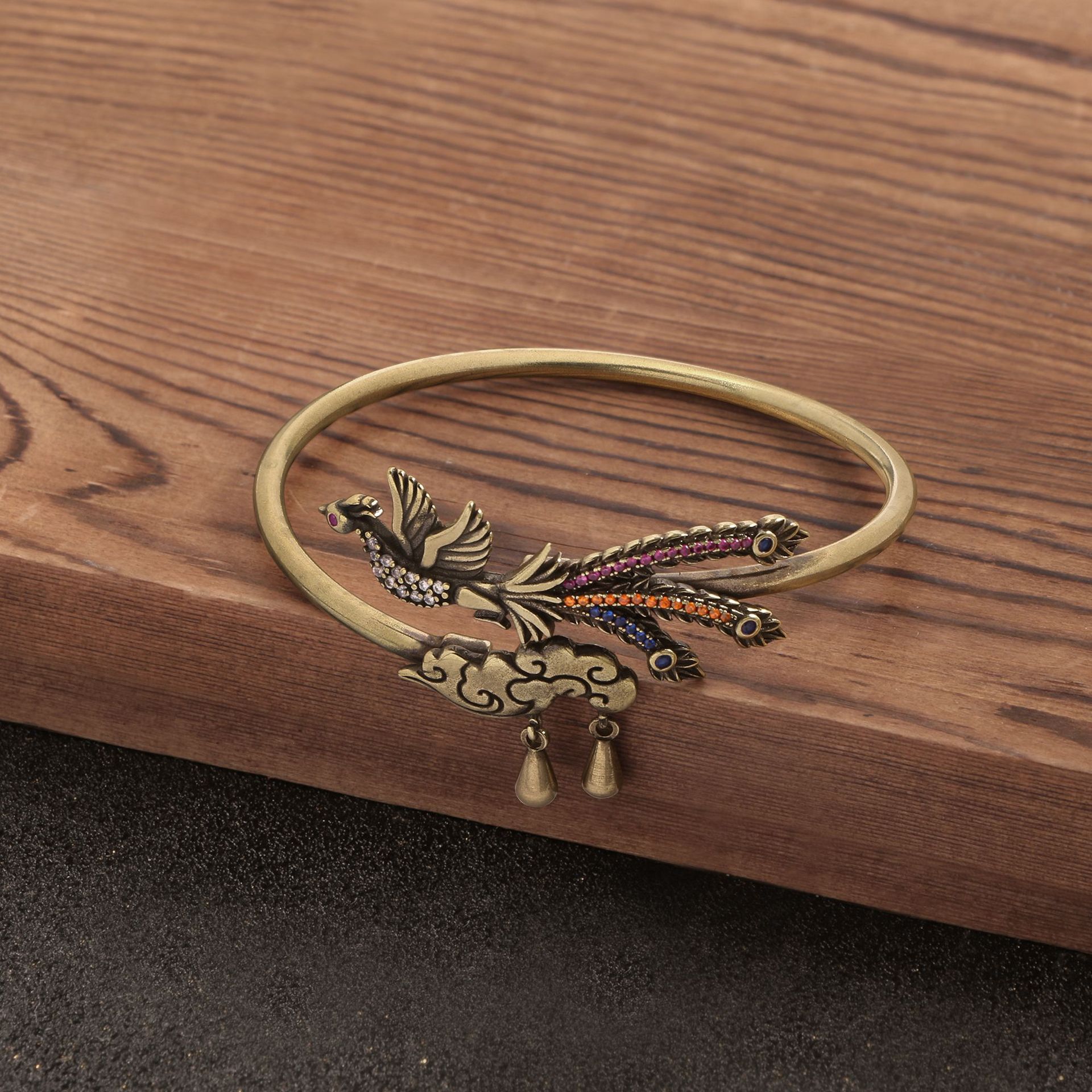 TEMU Vintage Copper Colorful Phoenix & Cloud Open Cuff Bracelet For Women, Adjustable Retro Classical Bangle, Creative Oriental Style Jewelry Gift