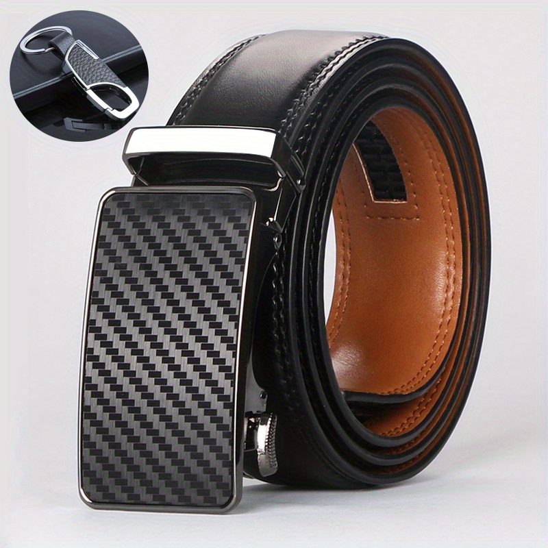 TEMU 2pcs(1pc Key Chain+1pc Men's Second Layer Cowhide Ratchet Golf Dress Belts) With Automatic Alloy - Adjustable Cowhide Belts - - Ideal For Golf & Ideal Gift For Father's Day