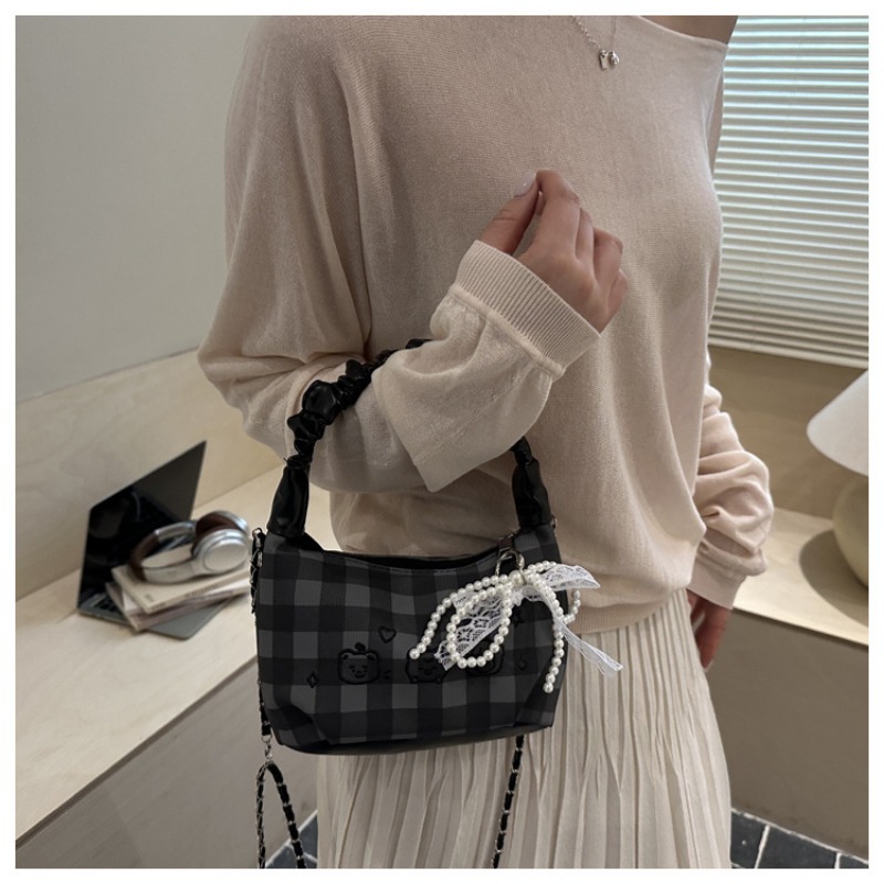 Plaid Ruched Handle Hobo Bag With Pearl Bow And Chain Shoulder Bag_voghion.com