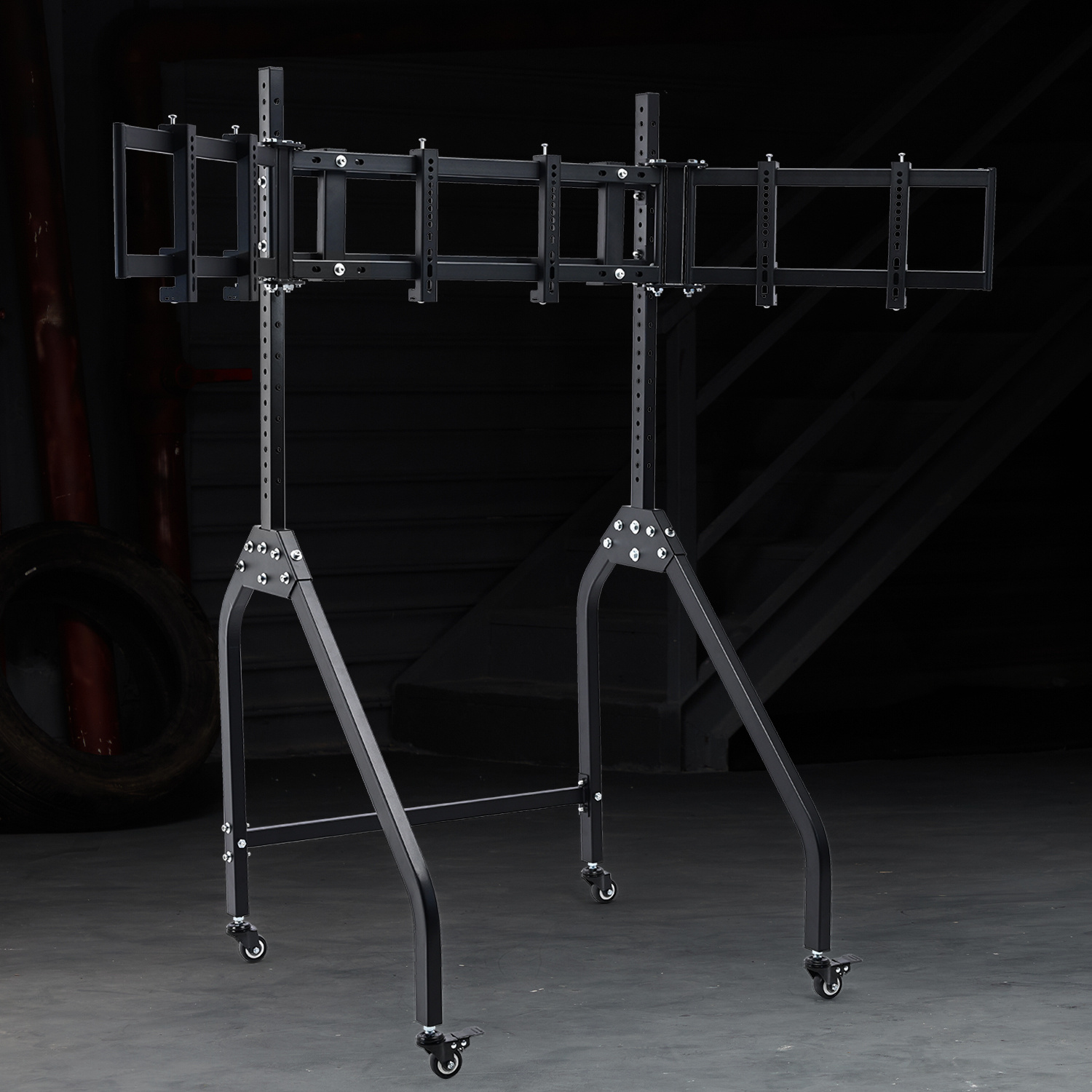 Image of Minneer Triple Monitor Mount With Brake Wheels, Featuring Flexible Height & Tilt Adjustment, Monitor Mount Only.
