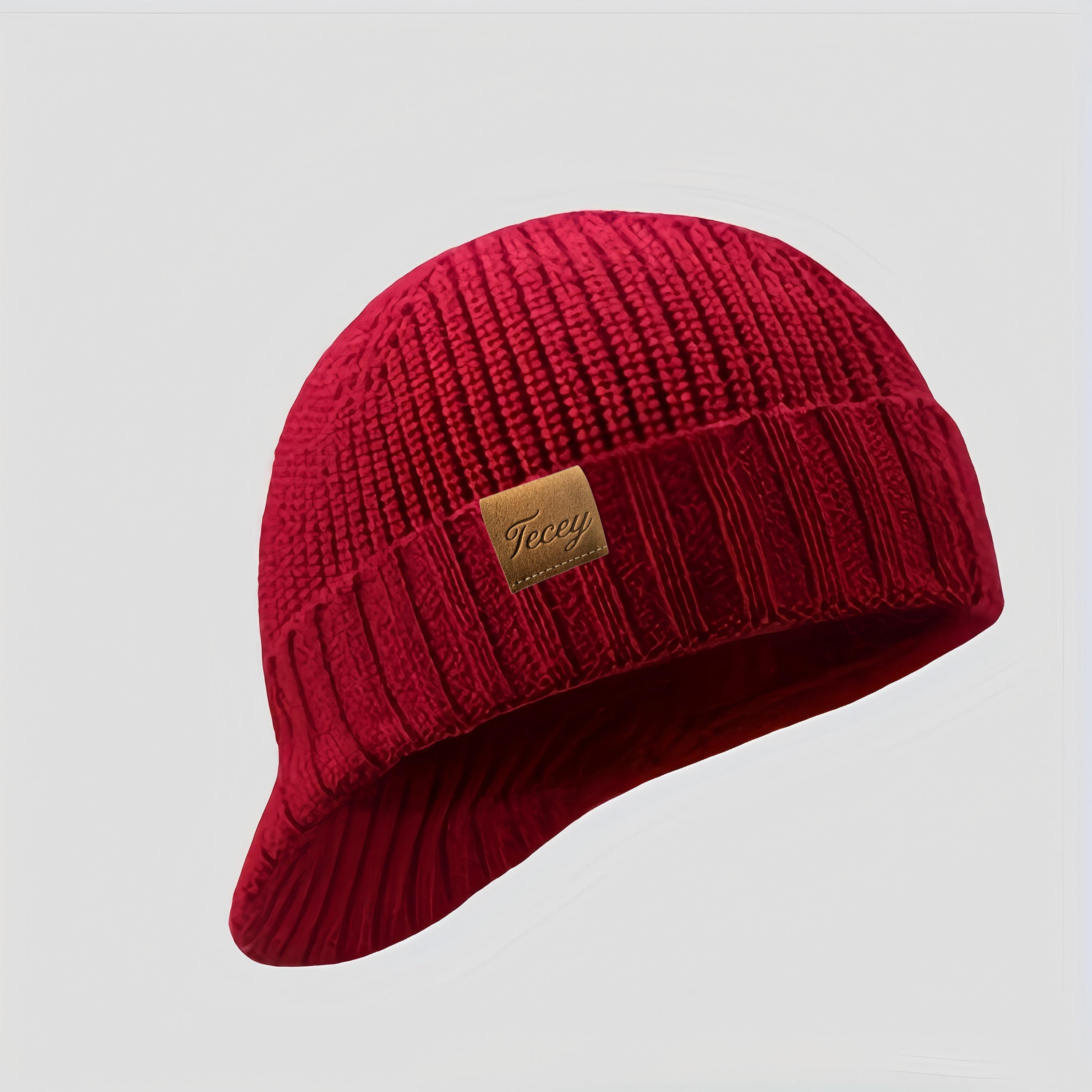 TEMU Autumn/winter Women's Brimmed Hat With Vintage Label, Ribbed, Outdoor Windproof Warm Short Brim Beanie, Casual Cold Weather Hat