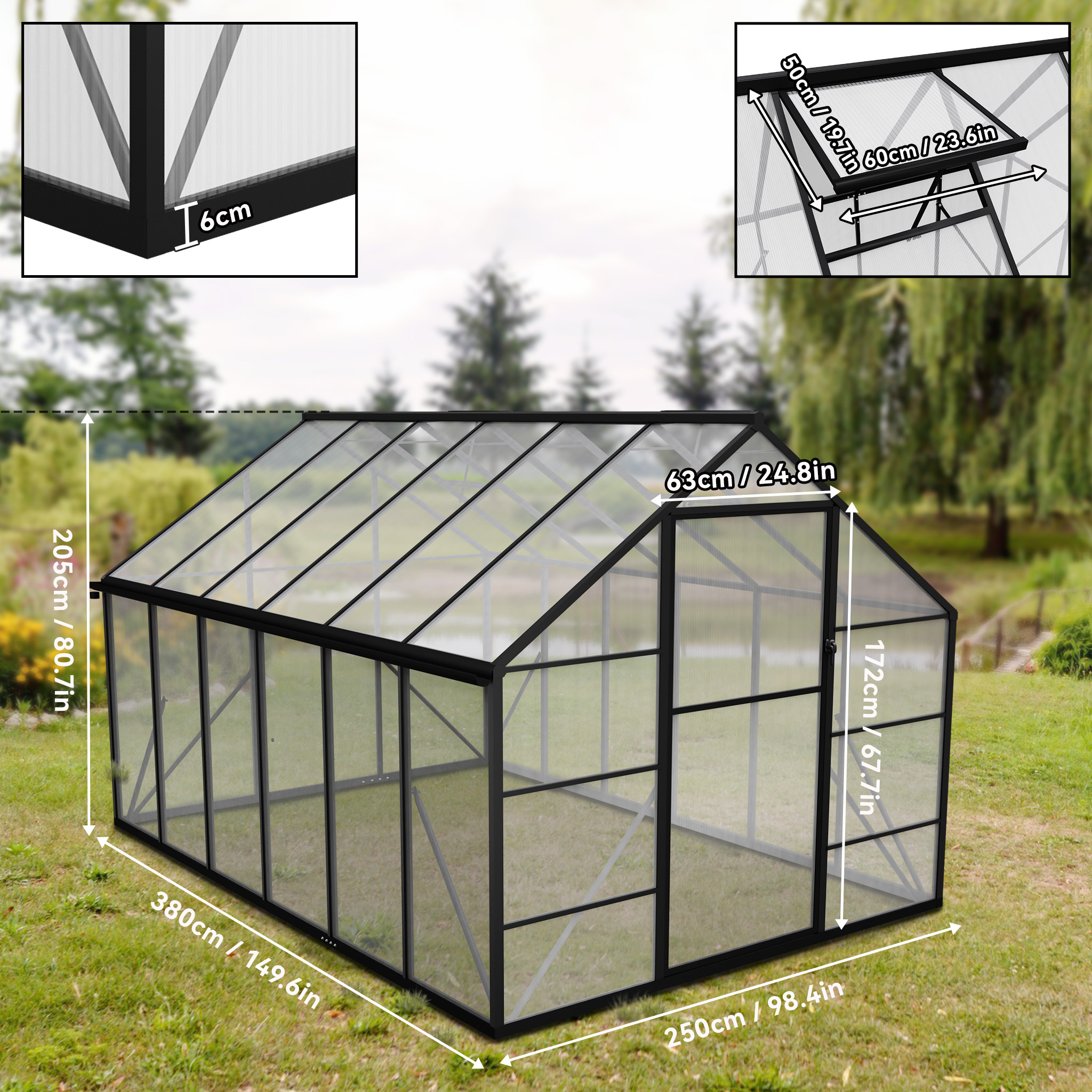8x12ft Aluminum Greenhouse With Foundation & Tunnel Door, Garden House, Outdoor Garden Cold Frame Greenhouse Kit