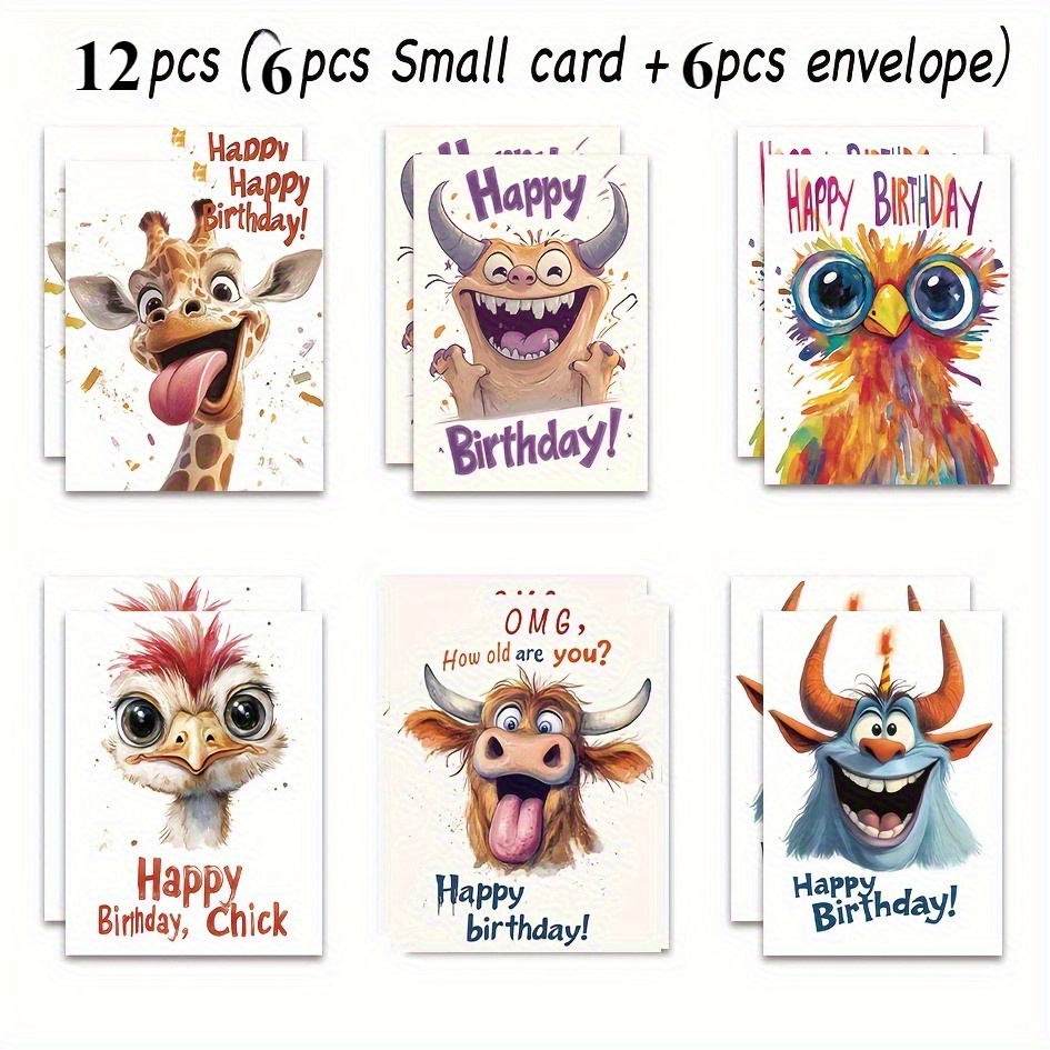 Image of 12pcs Funny Animal Birthday Card Set (with Envelopes) - Suitable For Family, Teachers, Colleagues, Holiday Decorations, Birthday Gifts, Easter, Christmas, Mother's Day, Father's Day, Valentine's Day