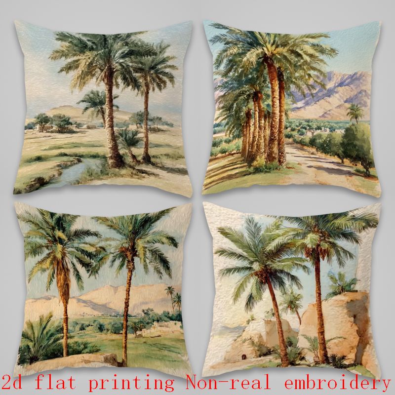 photo de l'article ensemble de 4 taies   rétro aquarelle style vacances, texture   aquarelle palmier ruisseau   lointaines village, illustration décorative    , oreiller décoratif salon chambre à coucher,     non  