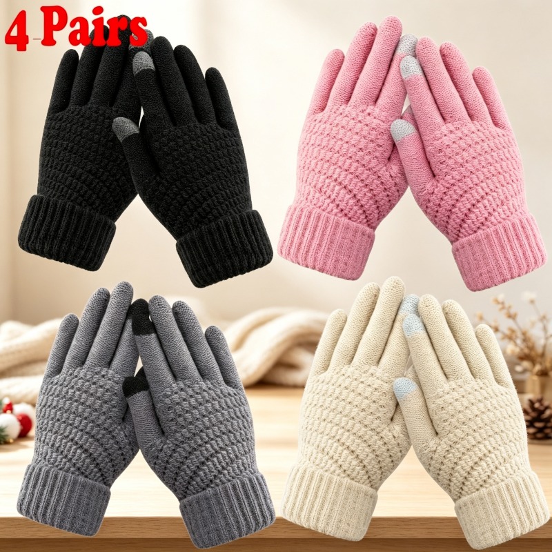 TEMU 4-pair Mixed Color Thermal Gloves - Gray, Black, White, Yellow. Women's Mixed-color Gloves With Touchscreen , Thick Texture For Warmth . Women's